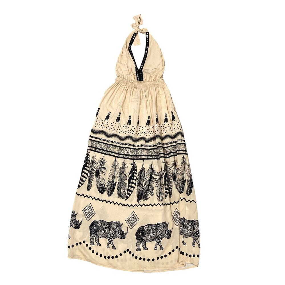 Dixie Open Back Halter Top Maxi Dress Feather Print Small